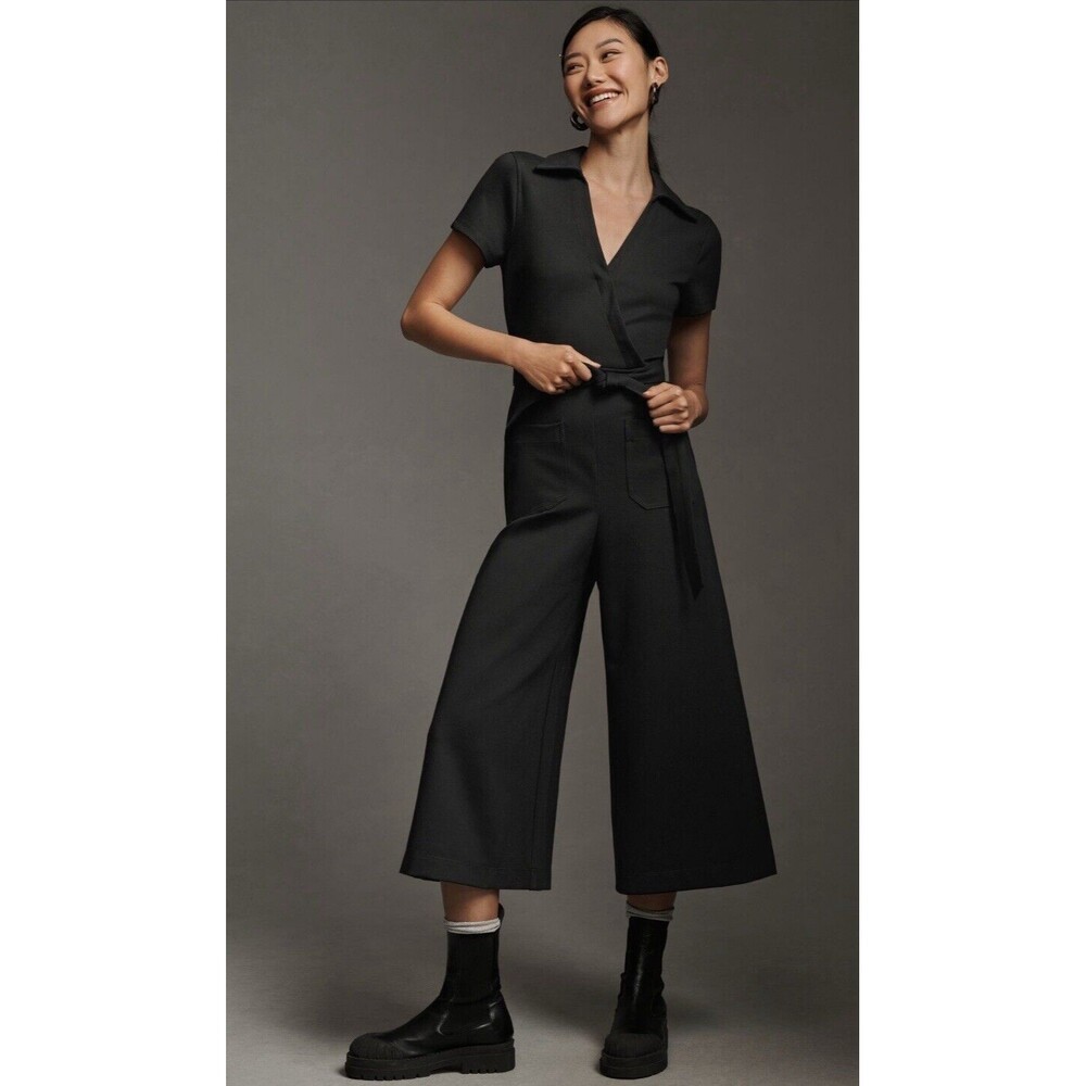 Anthropologie Black Short-Sleeve Wide-Leg Jumpsuit